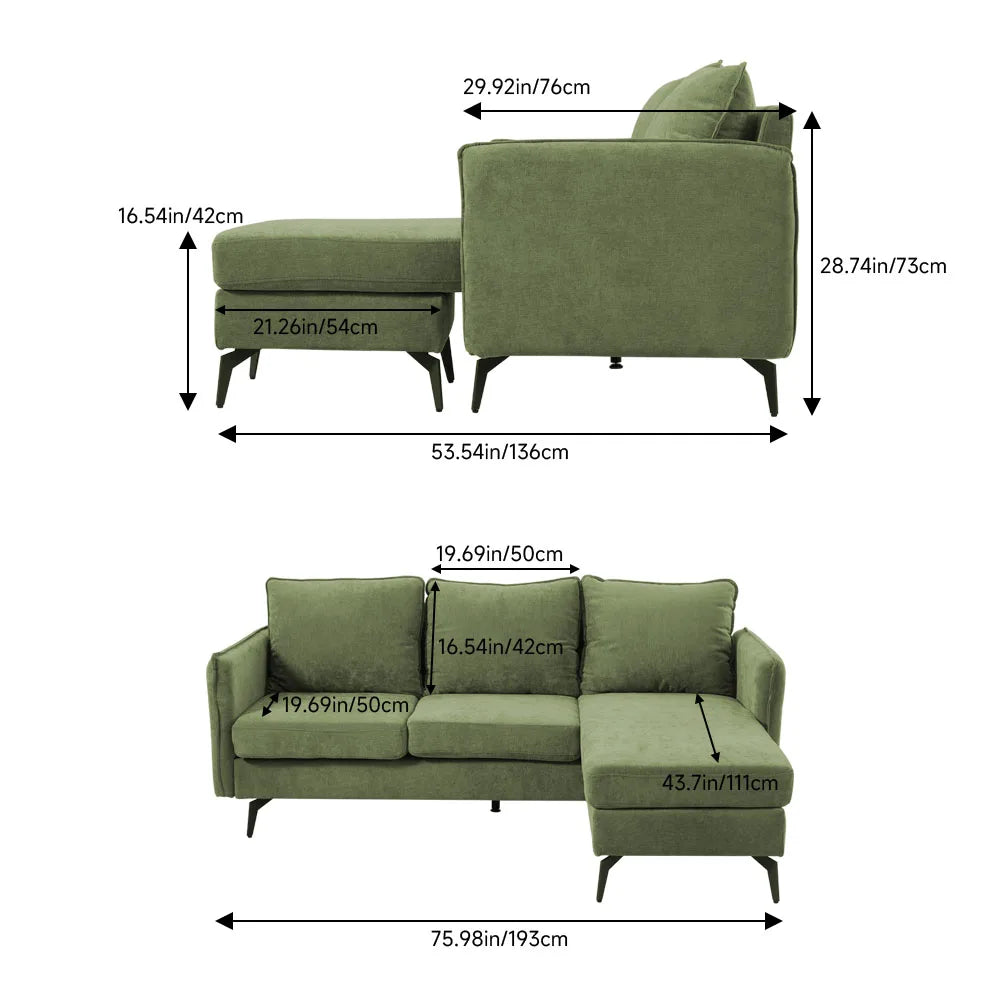 3 Seater Upholstered Corner Sectional Sofa Modern L-Shape Living Room Sofa, 193x136x73cm
