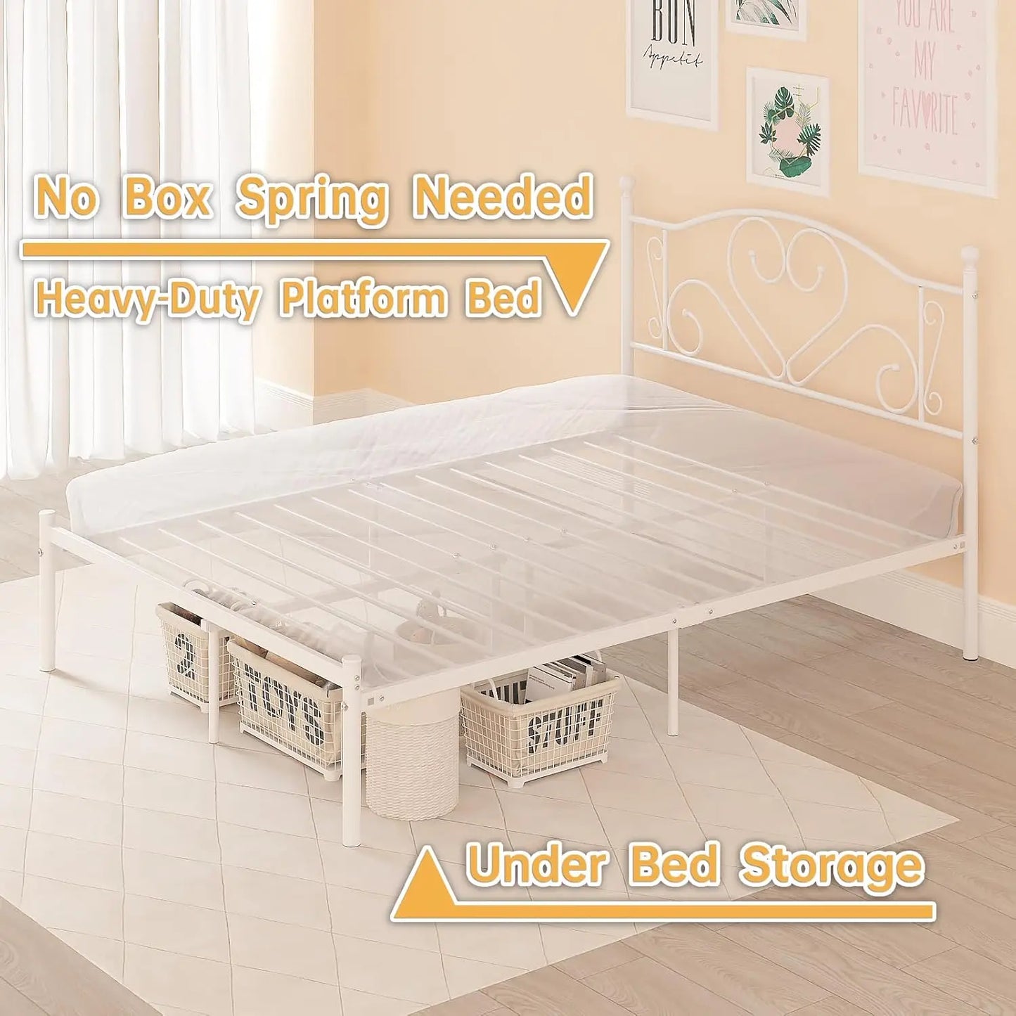 Full Size Bed Frame with Headboard, Heavy Duty Steel Slat Support Platform Under Bed Storage Space No Box Spring Needed, White