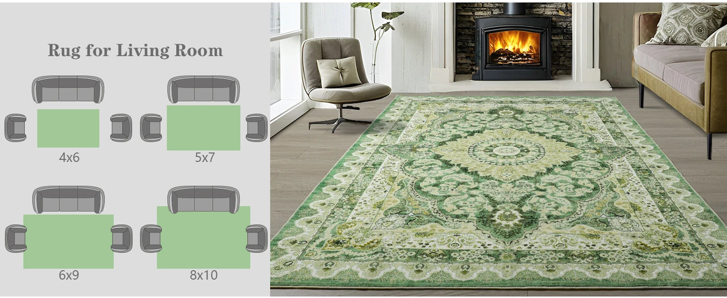 Area Rugs for Living Room, Machine Washable Vintage Rug, Non-Slip Low Pile Throw Rugs with Rubber Backing Washable Carpet