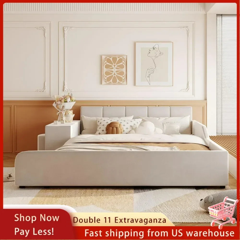 Queen Size Upholstered Grounded Bed with Bedside Desk and Stool,Upholstered Headboard,Grounded Upholstered Wood Base Bed Frame