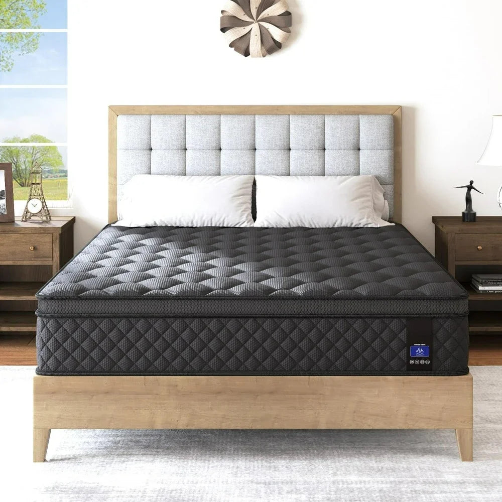 Queen Mattress,14 Inch Hybrid Mattress Black,Euro Top Mattress Medium Firm for Back & Lumbar Support,100 Night Trial, Individual