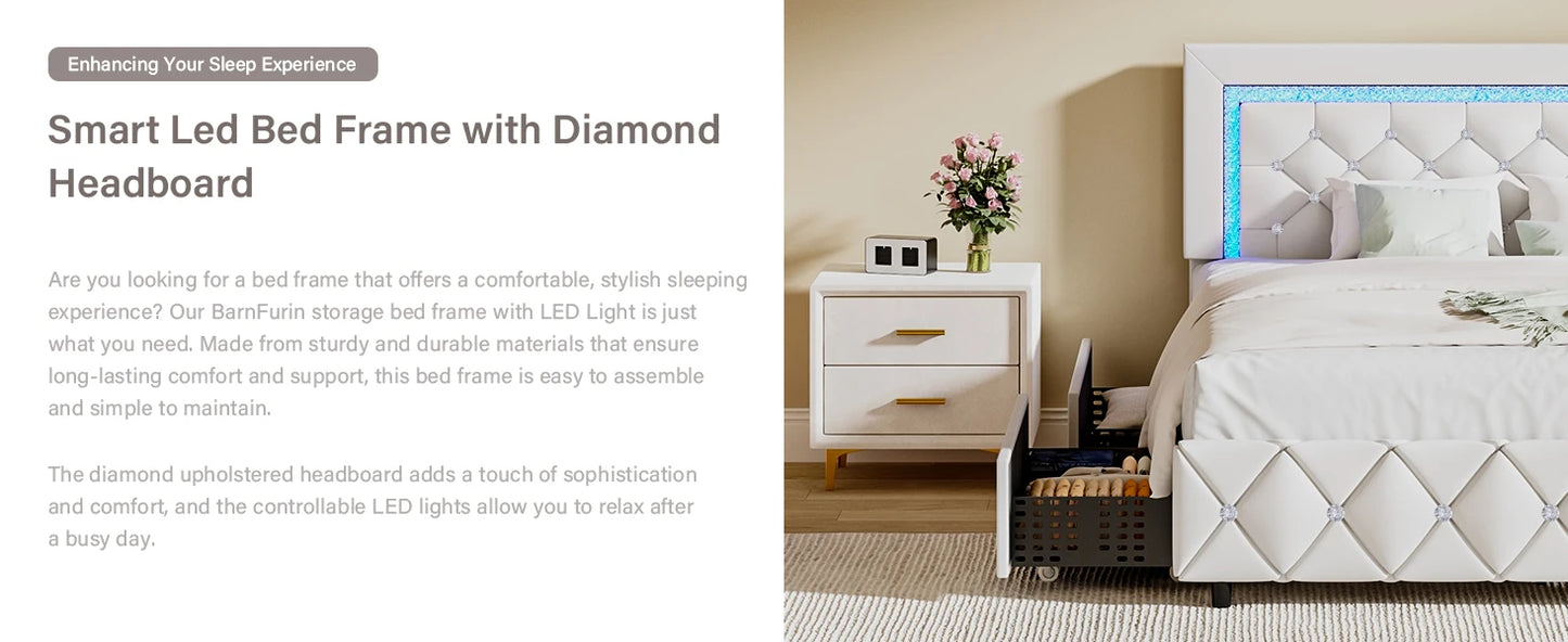 Queen Bed Frame with LED Lights, Upholstered Bed Frame with 4 Storage Drawers, Princess Platform Bed with Diamond Headboard