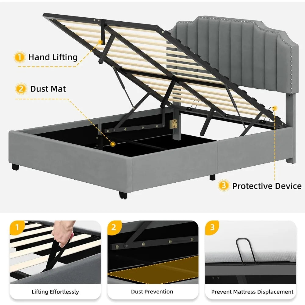 Queen size elevated storage bed frame with adjustable upholstered platform headboard, sturdy wood slats and metal base support
