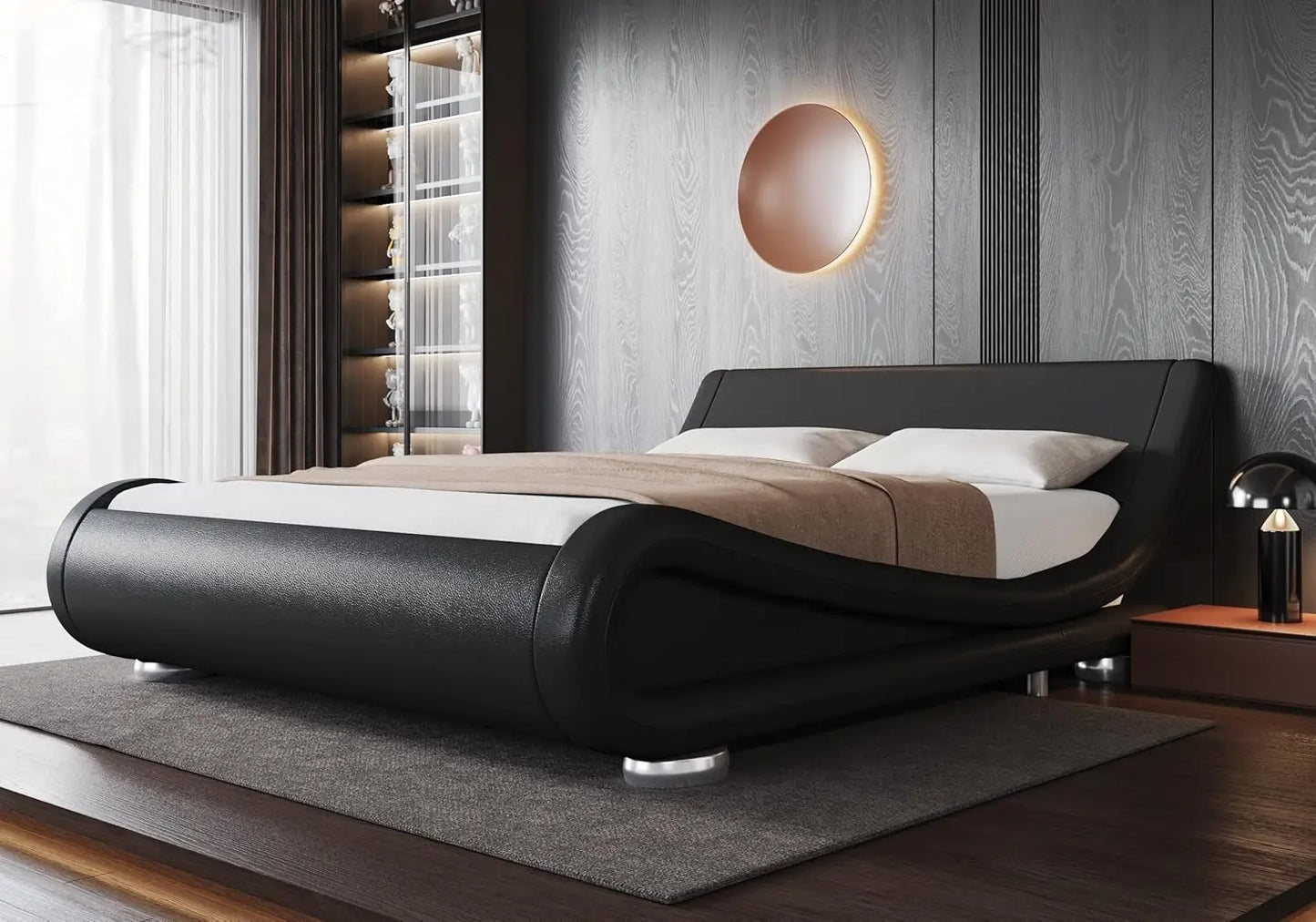 Upholstered Platform Bed Frame with Ergonomic & Adjustable Headboard, Modern Low Profile Sleigh Design