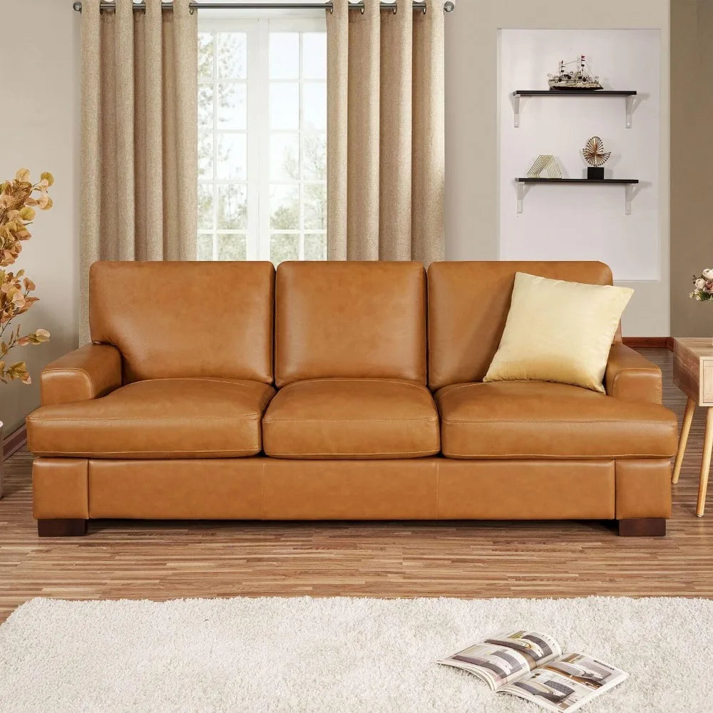 Genuine Leather Sofa - Set of 3 Luxurious Comfort, Goose Feather Cushion Filling, Square Arm Design, Sturdy Block Legs