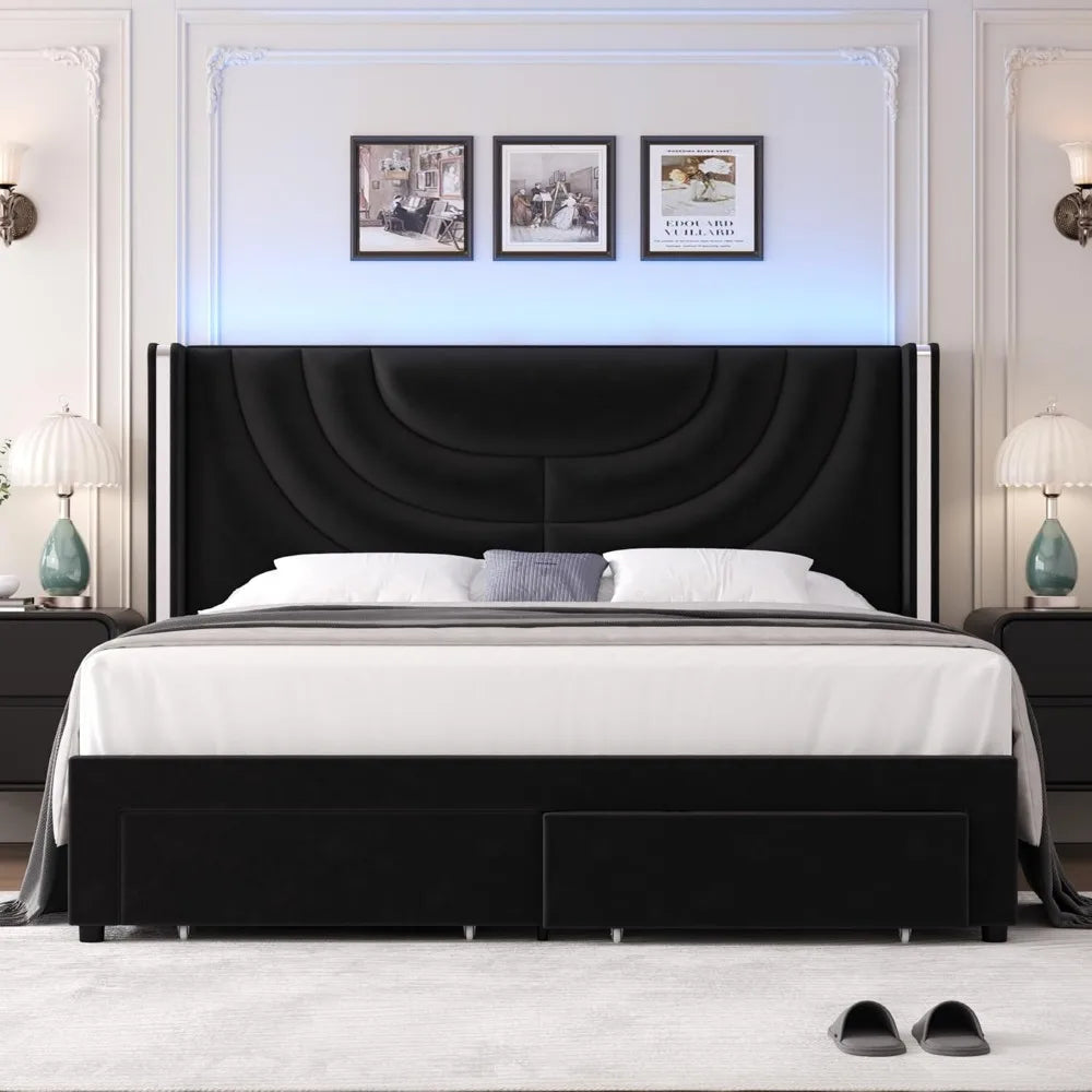 Queen Upholstered LED Bed Frame with 2 Storage Drawers, Velvet Platform Bed with Wingback Headboard, Solid Wooden Slats Support