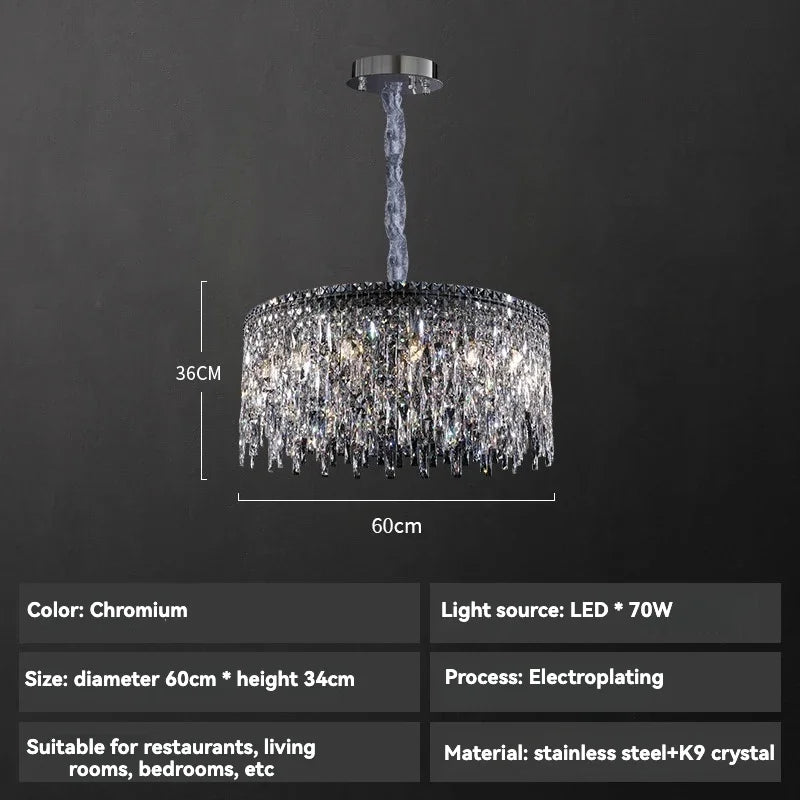 Italy Designer Luxury Chrome Chandelier K9 Crystal for Dining Room Hotel Hall Villa Bar Round Long Hanging Light Fixture Decor