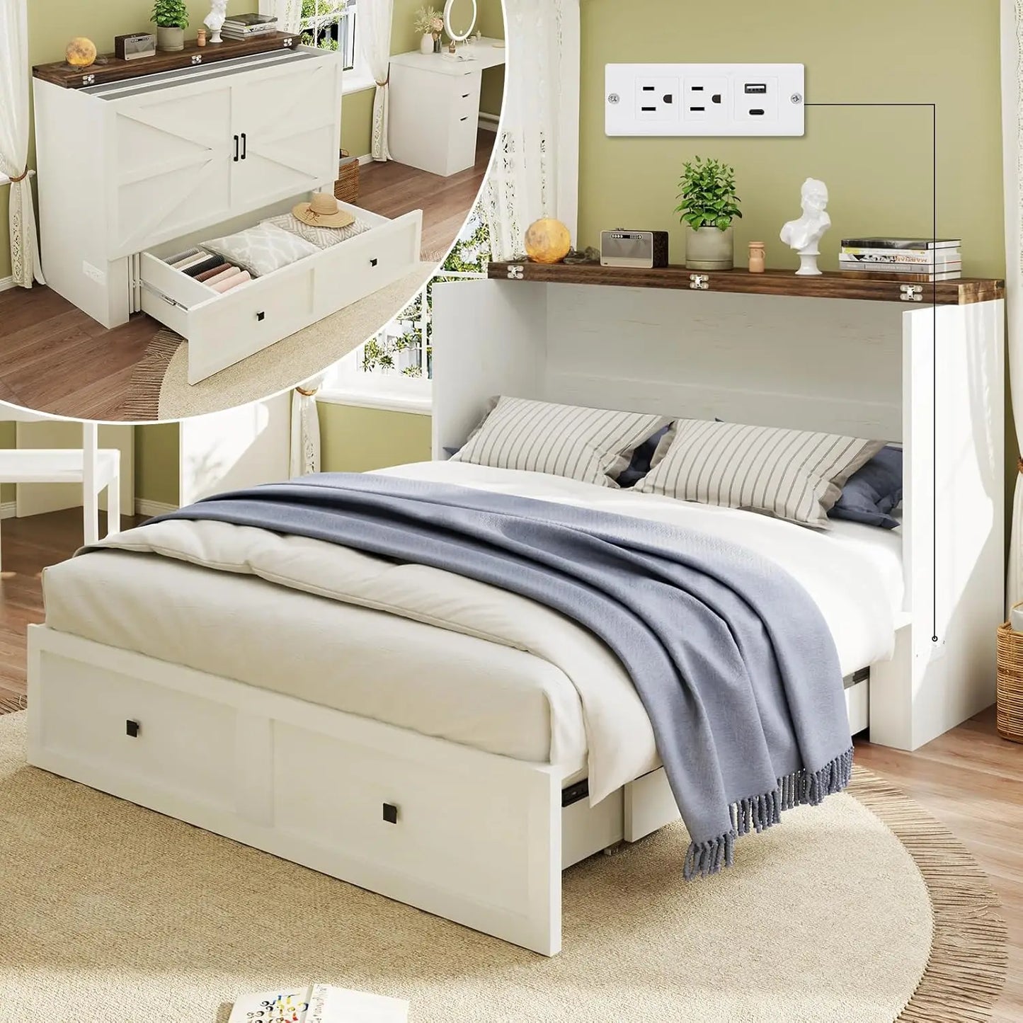 Full Size Murphy Bed, Cabinet Bed with Charging Station Large Storage Drawer for Home Office or Small Room, Hideaway Bed Full Fo