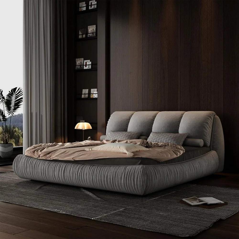 Deluxe king-size upholstered platform bed with upholstered backrest, soft-framed cloud bed, thickened pine slats, metal legs