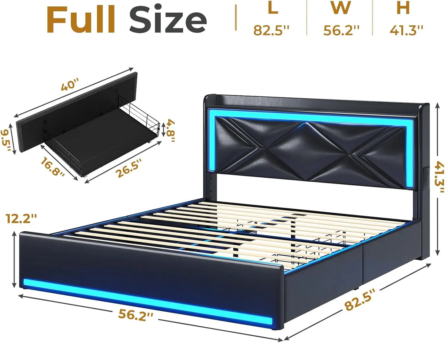 Bed Frame with Storage Headboard & 4 Drawers, Upholstered LED Bed Frame with Charging Station, Pu Leather Platform