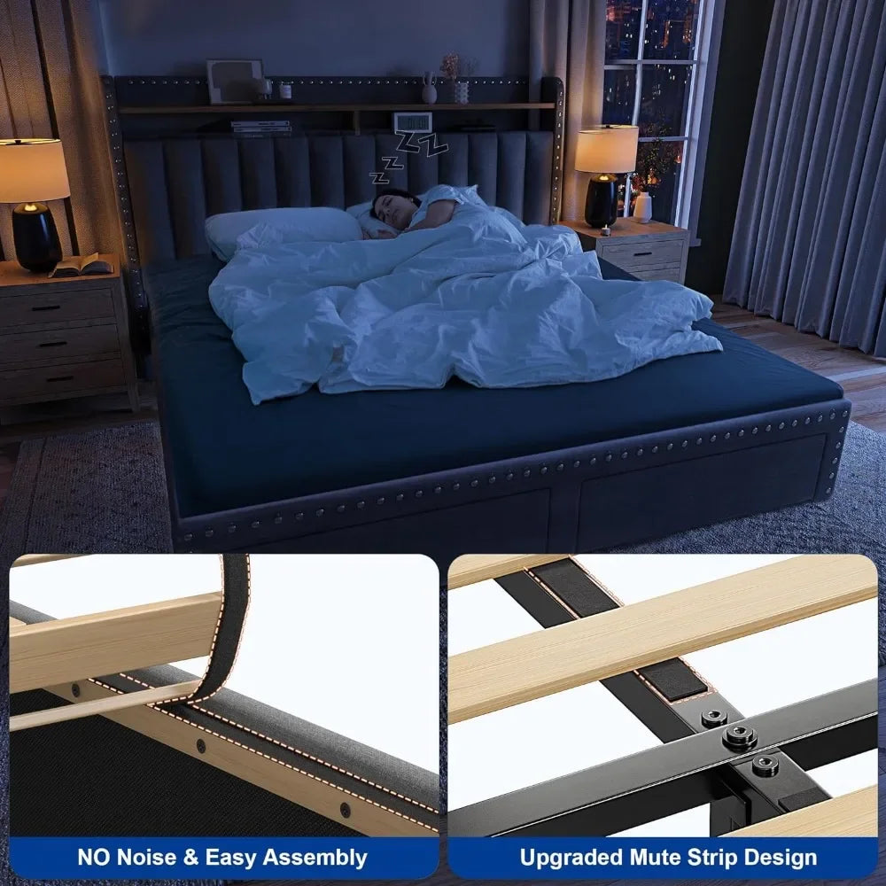 Queen Bed Frame with Headboard and Storage, Upholstered Queen Bed Frame with Storage, Queen Size Bed Frame with 2 Drawer