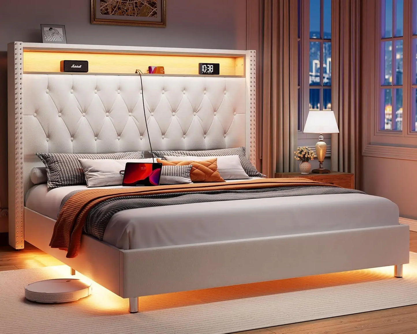King Bed Frame with Headboard LED Lights and Charging Station, Velvet Tall Upholstered Platform Bed Storage No Box Spring Needed