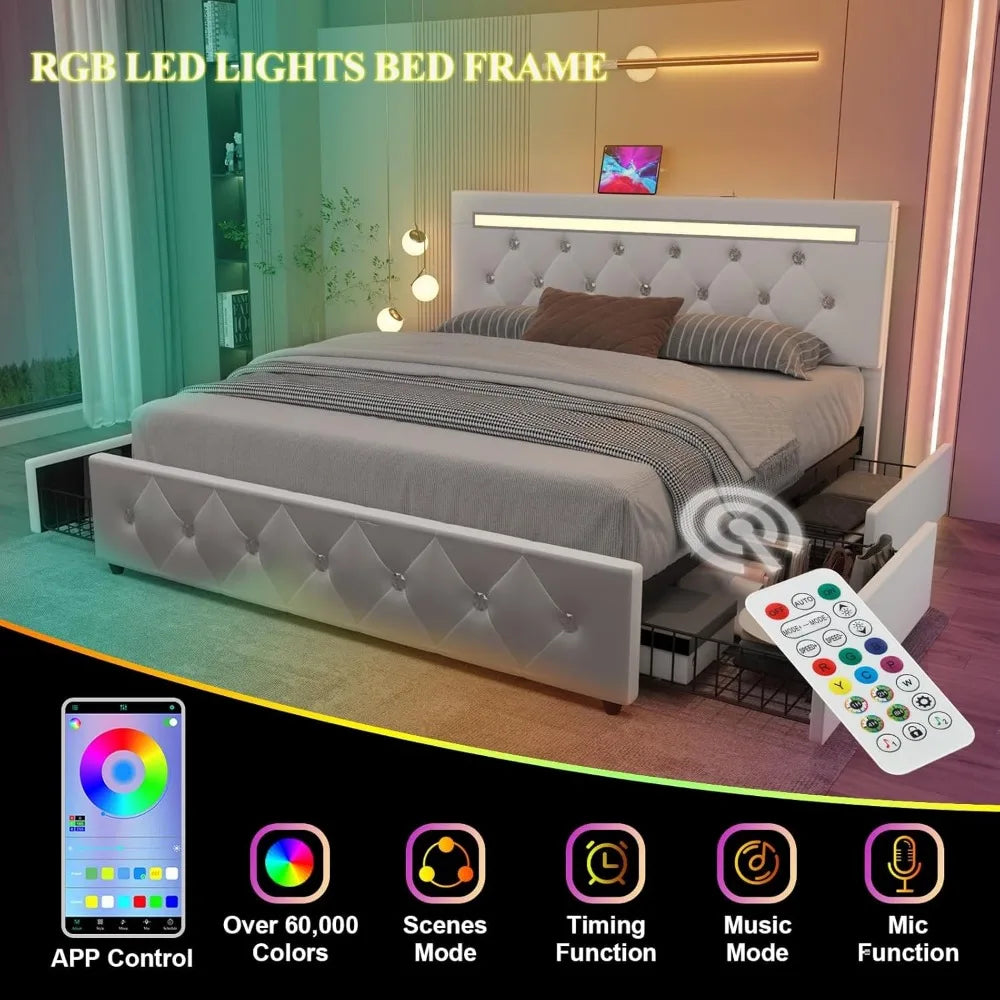 Queen Size Bed Frame with 4 Drawers and Adjustable LED Headboard,PU Leather Upholstered Platform Storage Bed w/Charging Station