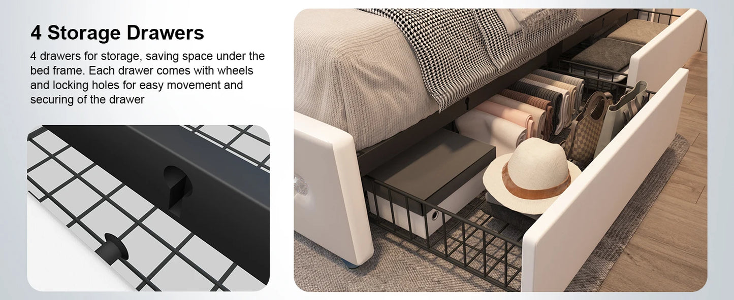 Queen Size Bed Frame with 4 Drawers and Adjustable LED Headboard,PU Leather Upholstered Platform Storage Bed w/Charging Station