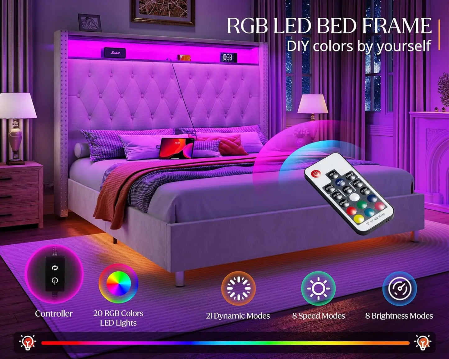 King Bed Frame with Headboard LED Lights and Charging Station, Velvet Tall Upholstered Platform Bed Storage No Box Spring Needed