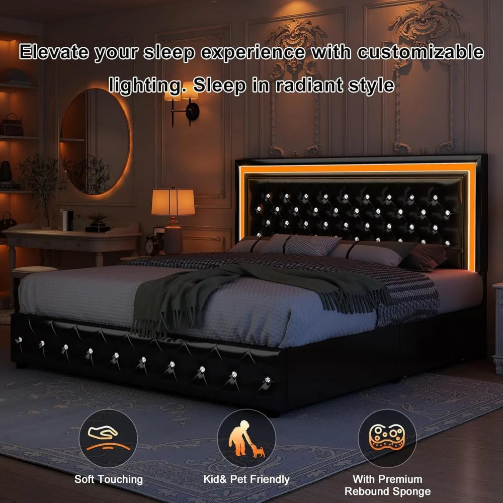 King Bed Frame with LED Lights, Storage Drawers, No Box Spring Needed, 900 lbs Capacity, Easy Assembly, bedroom furniture White