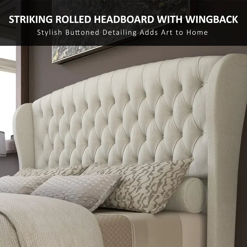 AMERLIFE King Size Platform Bed Frame, Chenille Upholstered Sleigh Bed with Scroll Wingback Headboard & Footboard/Button Tufted