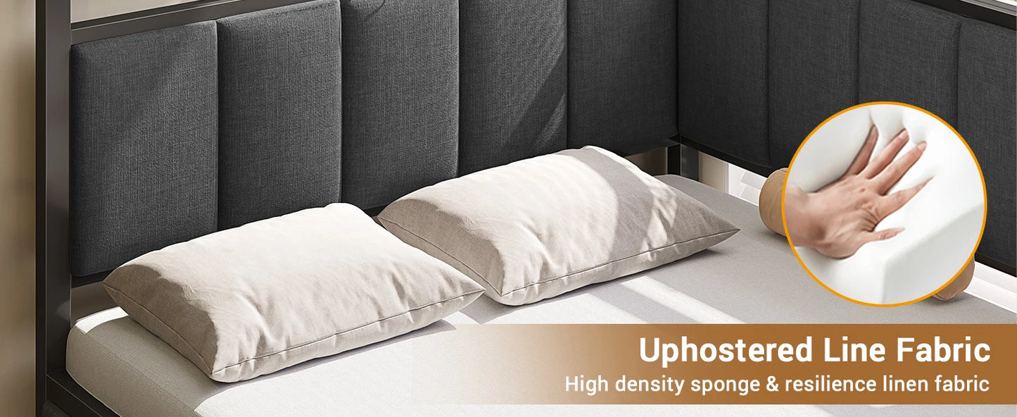 Modern Corner Bed Frame with LED Lights and Charging Station, Double Bed with Storage Space