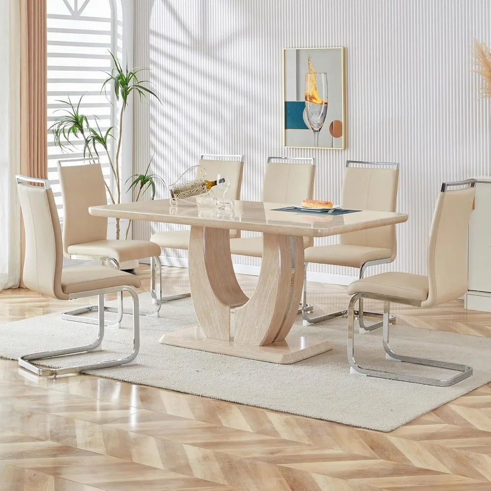 Modern wooden dining table set for 6 people with imitation marble top & 6 PU leather upholstered chairs,Wood grain beige