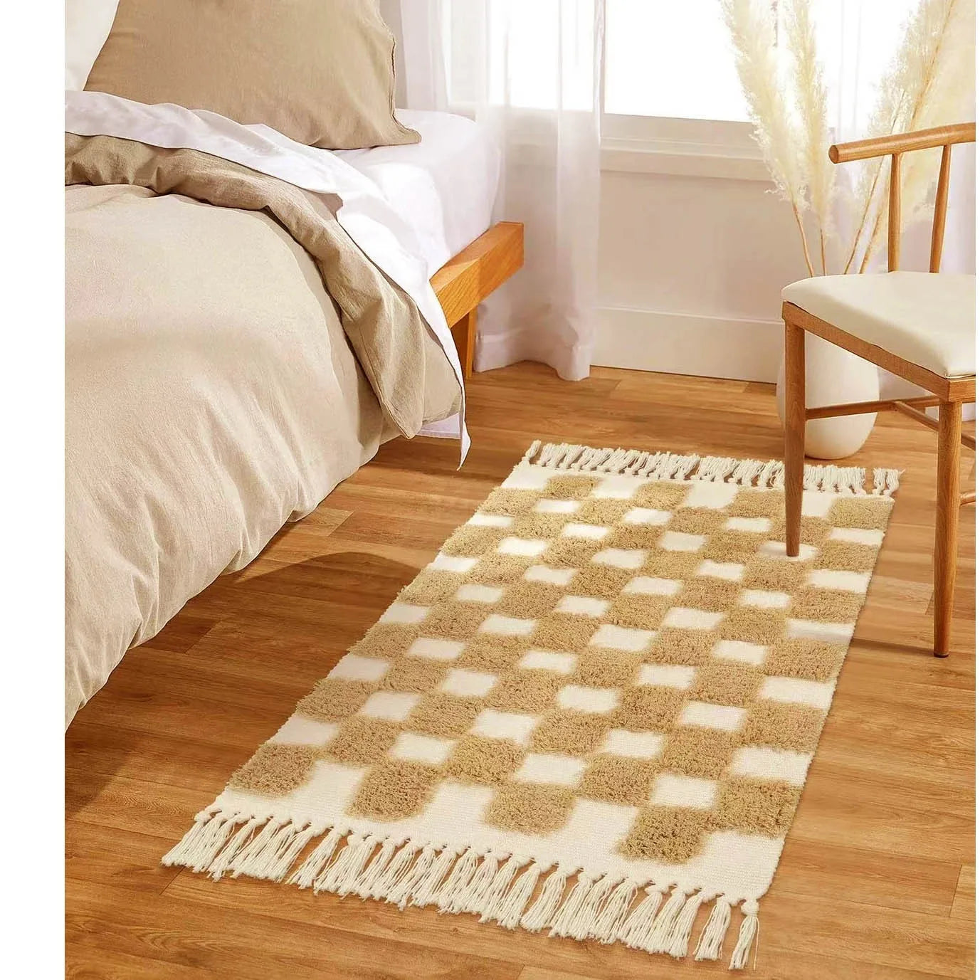 Vintage Nordic Style Cotton Linen Handmade Tassel Area Rug Checkerboard Tufted Floor Bedside Mat Living Room Bedroom Tapestry