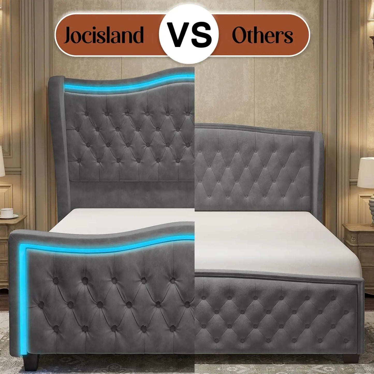 King Size Bed Frame with LED Lights, 53'' Upholstered Platform Wingback Bed with Handmade Deep Button Tufted Headboard Footboard