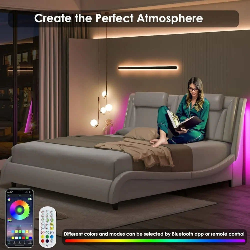 Upholstered Bed Frame, Adjustable LED Headboard, Pu Leather Platform Bed with Wave-Like Curve Design and Solid Wooden, Queen Bed