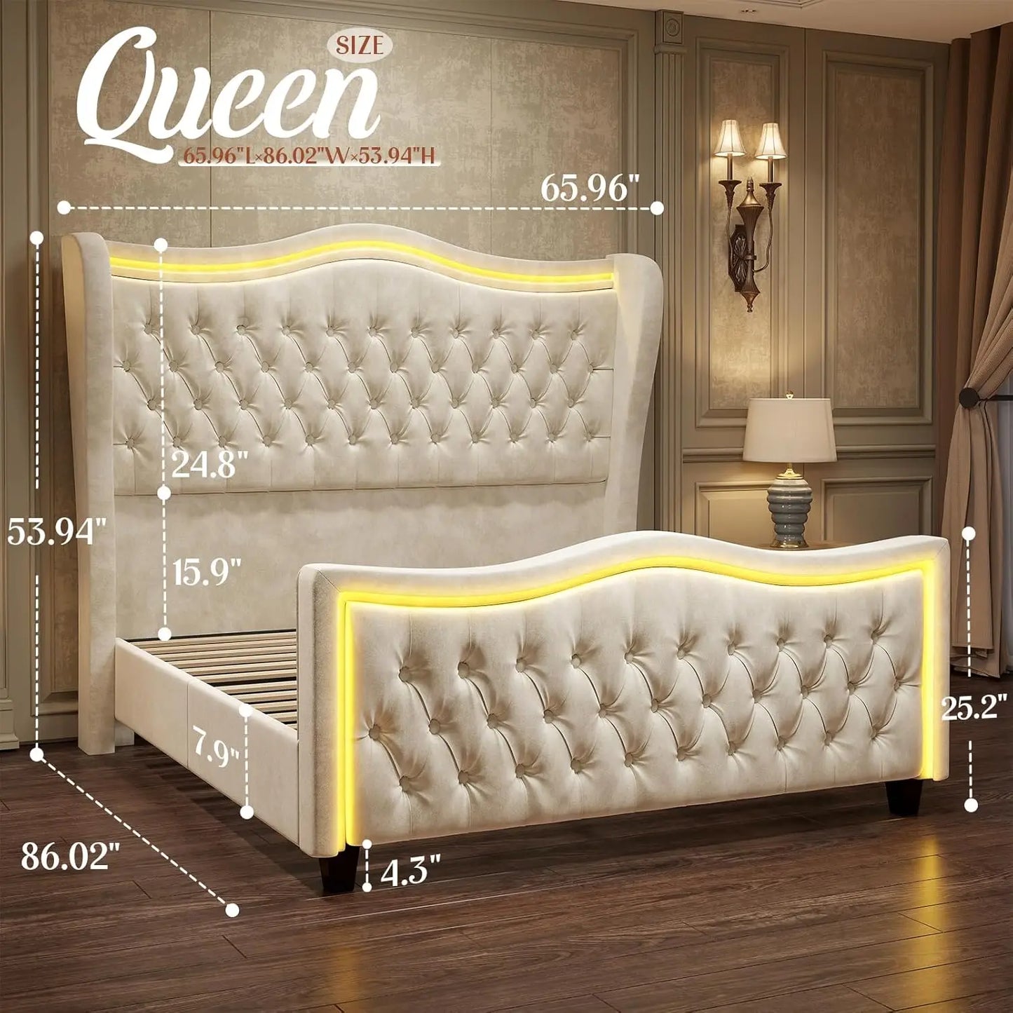 King Size Bed Frame with LED Lights, 53'' Upholstered Platform Wingback Bed with Handmade Deep Button Tufted Headboard Footboard