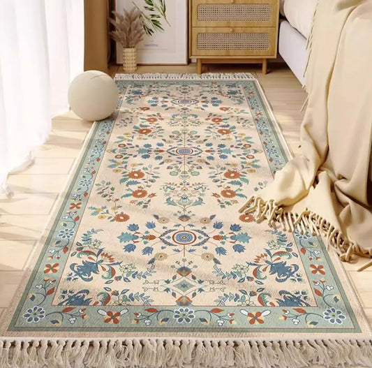 Morocco Bedroom Living Room Bedside Carpet Floor Mat Floral Kilim Cotton Linen Rectangular Rug Persian Tassel Carpet Tapis
