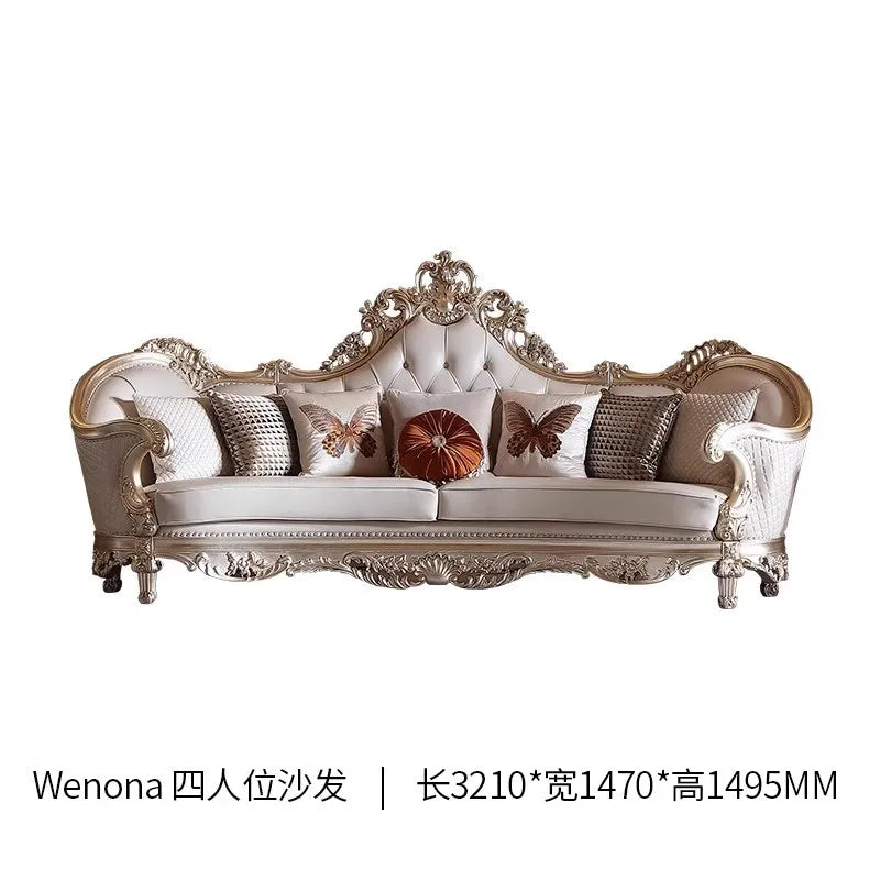 Leather Living Room Sofas Luxury European Beige Wooden Curved Modern Couch Double Lounge Designer Canape Salon Furniture