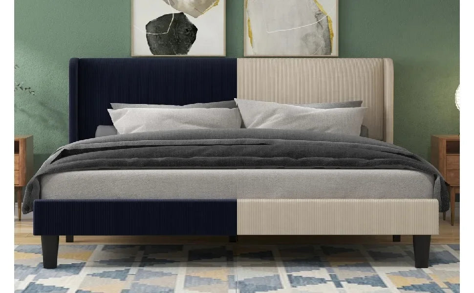 Bed Frame with Wingback & 2 Storage Pockets,  Upholstered Headboard, Solid Wood Slats Support, Velvet Platform Beds Bedroom