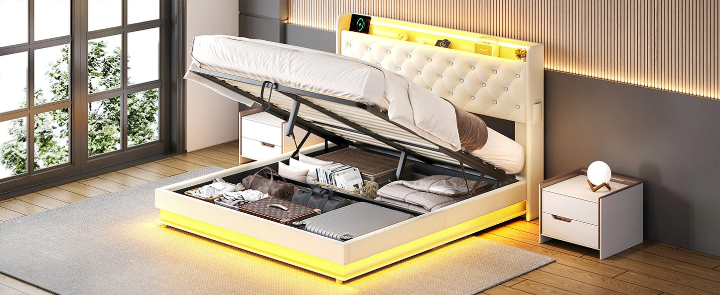 Bed Frame with Charging Station & Led Lights, Upholstered Platform Bed with Button Tufted Wingback Storage Headboard