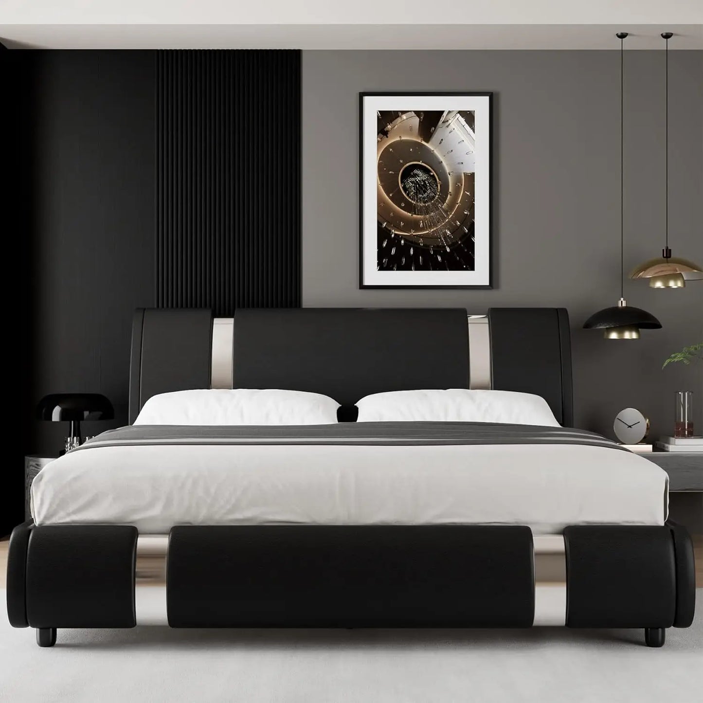 Modern Faux Leather Upholstered Platform Bed Frame with Golden Iron Metal Decor, Adjustable Curved Headboard, Queen Size, White