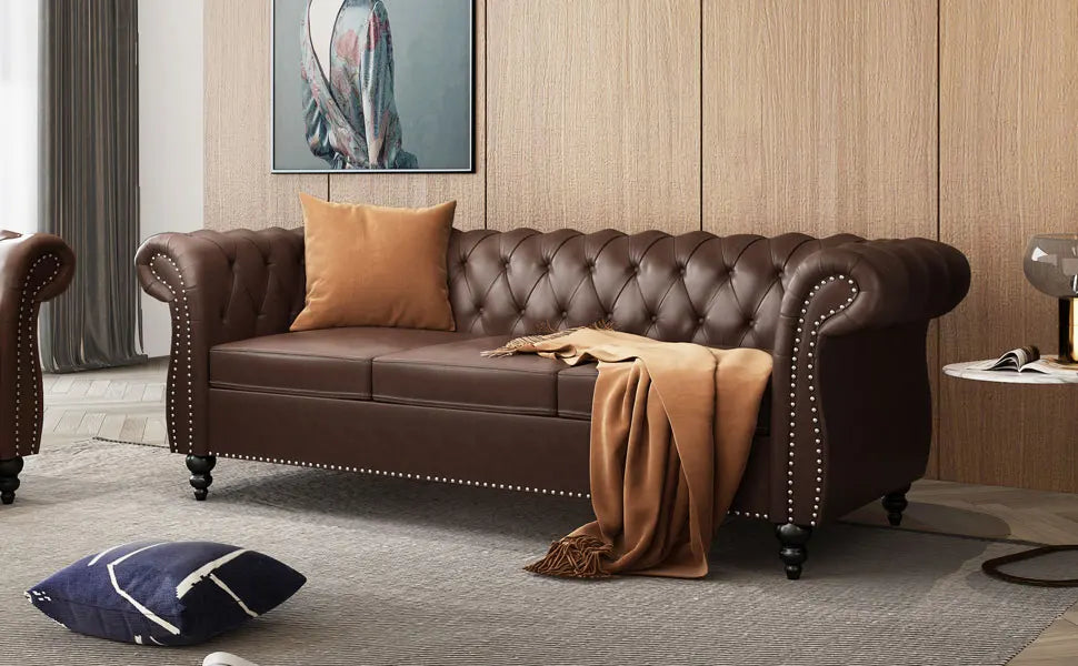 2-piece Living Room Set, Chesterfield Leather Double Sofa with Scroll Armrests and Nail Heads