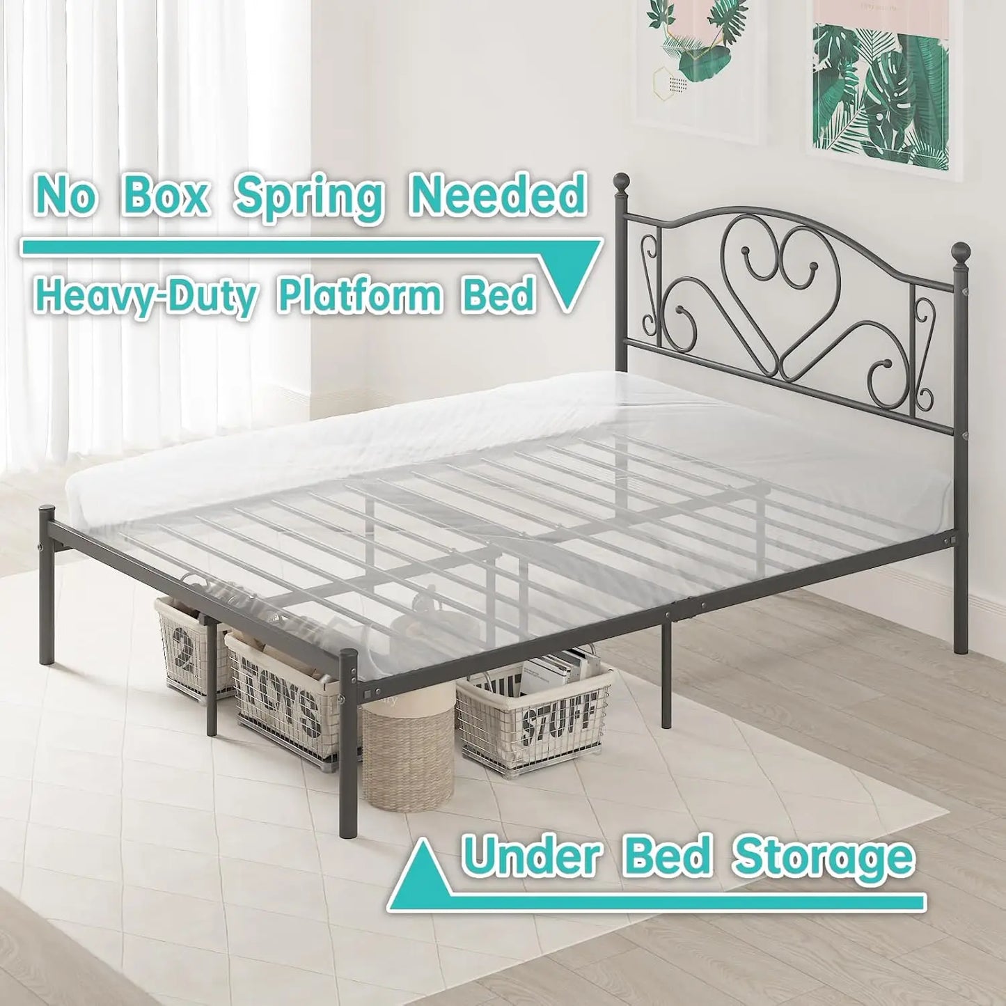 Full Size Bed Frame with Headboard, Heavy Duty Steel Slat Support Platform Under Bed Storage Space No Box Spring Needed, White