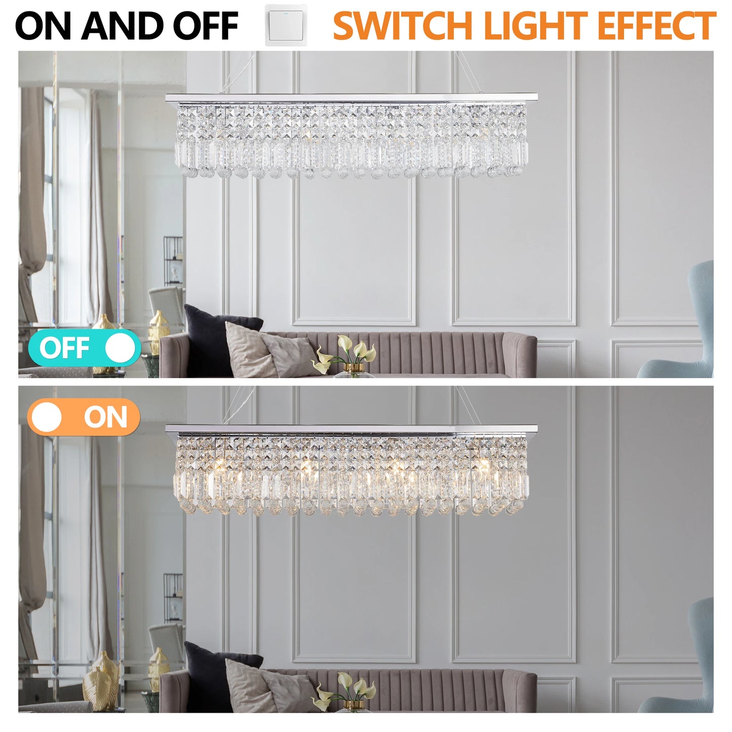 Modern Crystal Chandelier for Dining Room 8-Light Rectangle Raindrop Chandelier Contemporary Rectangular Fixture Pendant Light