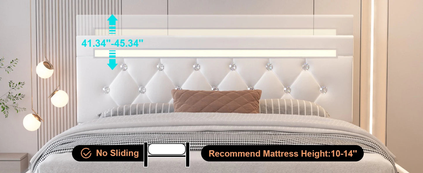 Queen Size Bed Frame with 4 Drawers and Adjustable LED Headboard,PU Leather Upholstered Platform Storage Bed w/Charging Station