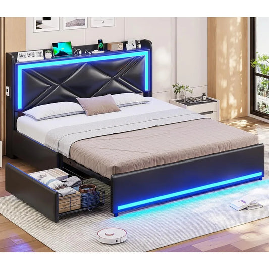 Bed Frame with Storage Headboard & 4 Drawers, Upholstered LED Bed Frame with Charging Station, Pu Leather Platform