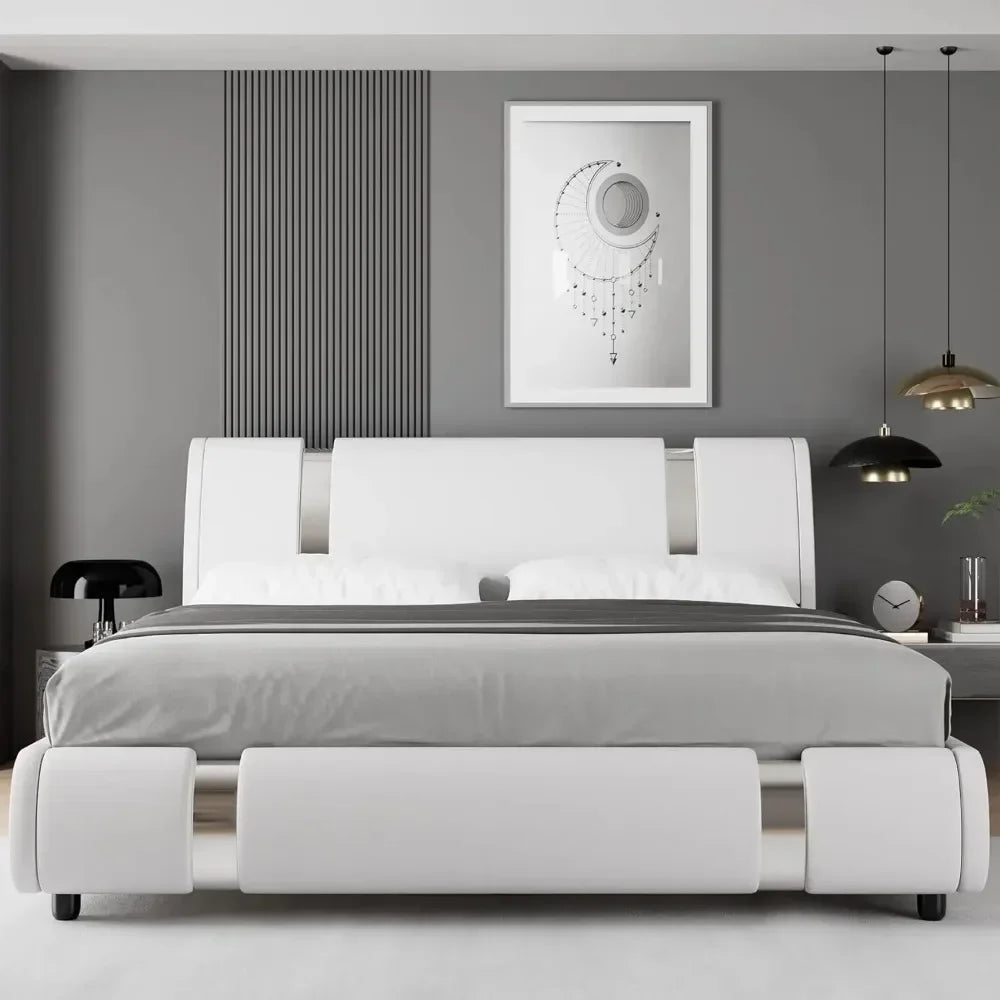Modern Faux Leather Upholstered Platform Bed Frame with Golden Iron Metal Decor, Adjustable Curved Headboard, Queen Size, White