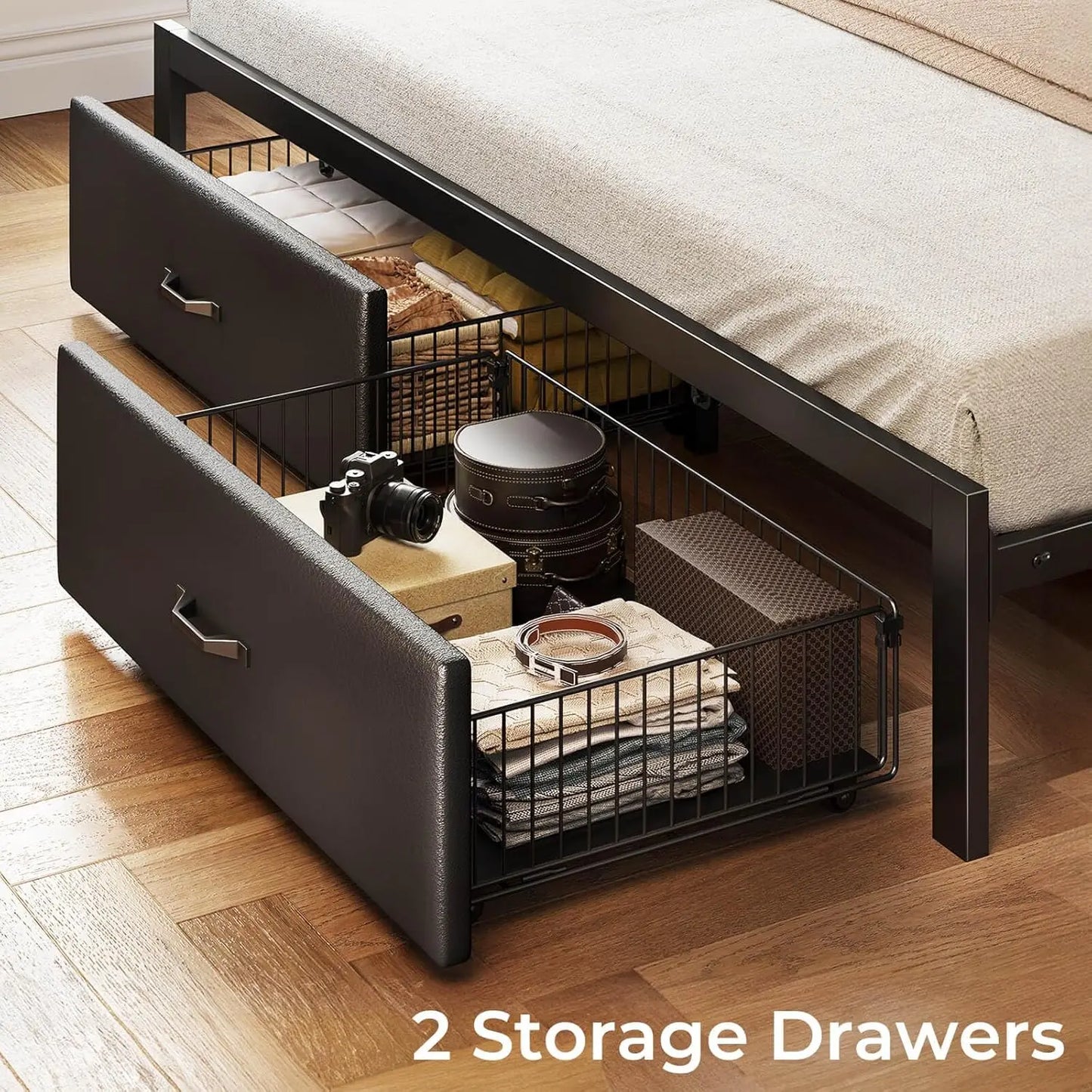 Bed Frame Full Size with Drawers and Charging Station, Upholstered Platform Bed with Storage Headboard and LED Light, Heavy Duty