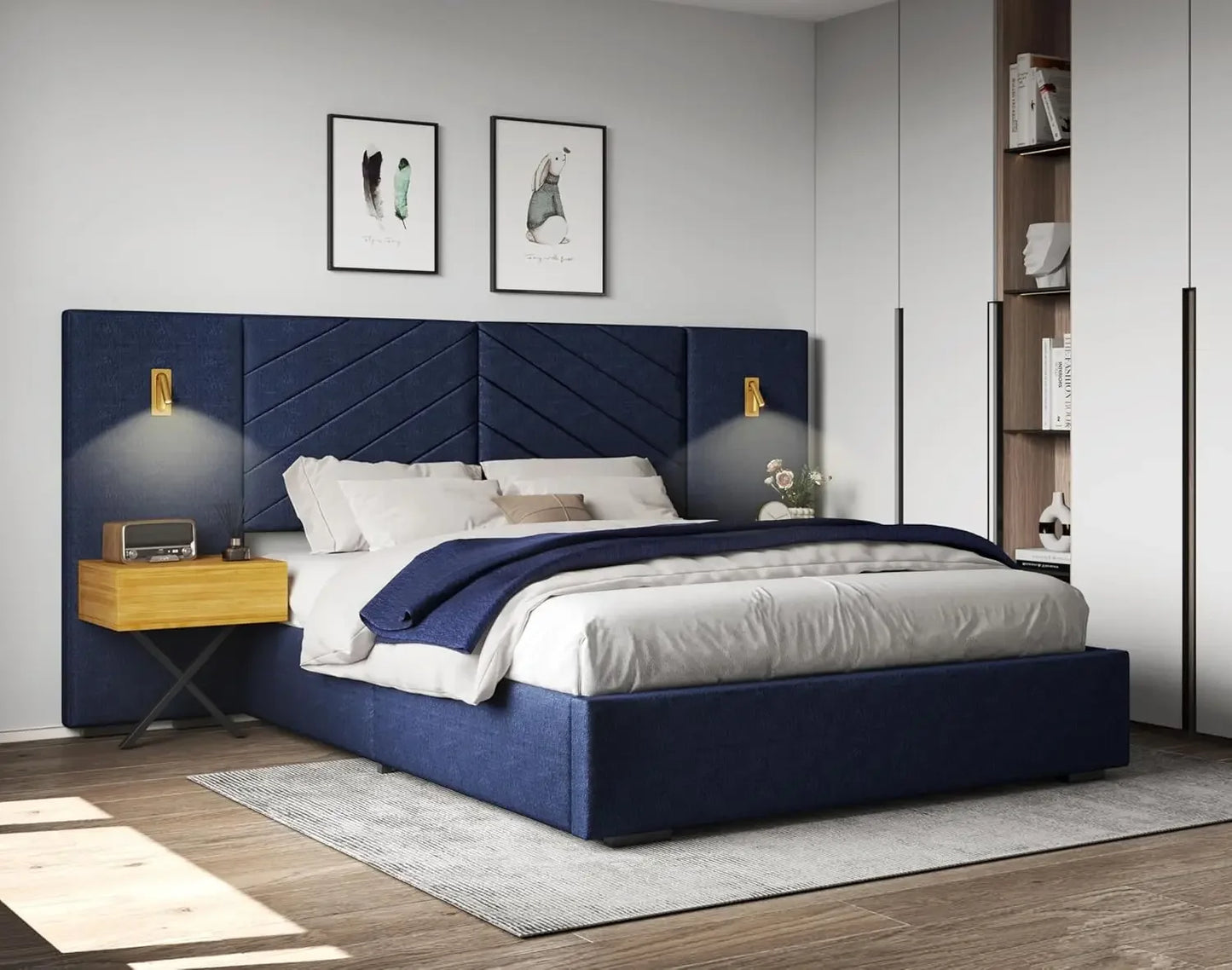Luxury Bed Frame with Built-in Gold LED Lights and Nightstands, King Size Platform Bed with Oversize Upholstered Headboard