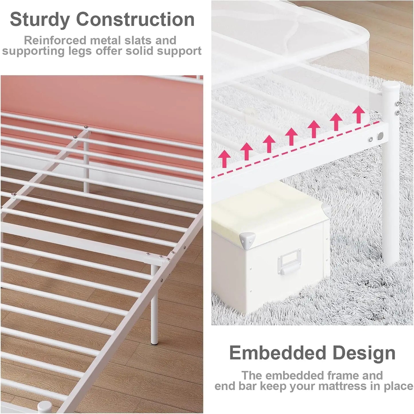 Full Size Bed Frame with Headboard, Heavy Duty Steel Slat Support Platform Under Bed Storage Space No Box Spring Needed, White