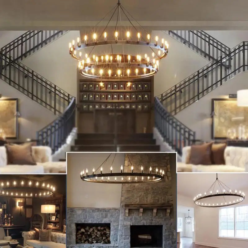 Modern American Retro Iron Pendant Lamp Vintage Industrial Led Droplight Round Cafe Restaurant Bar Knight Candle Chandelier