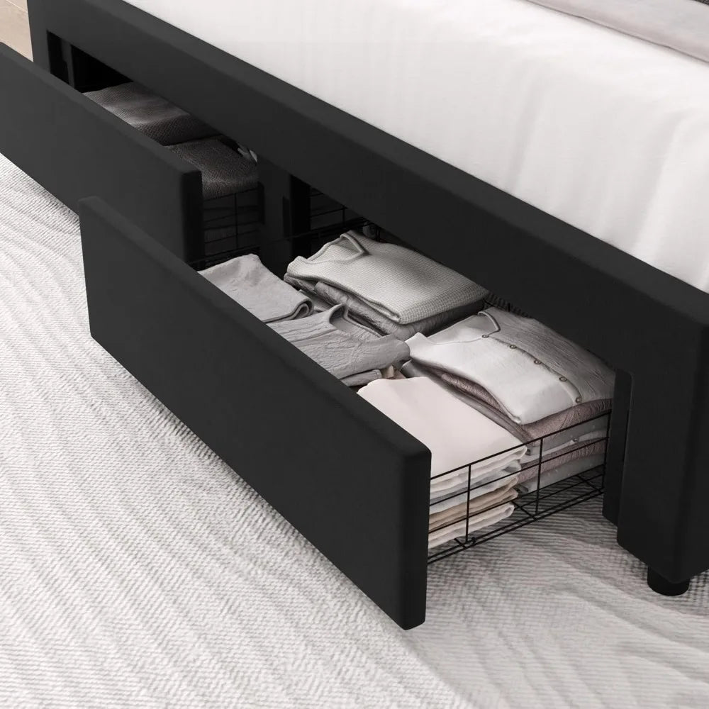 Queen Upholstered LED Bed Frame with 2 Storage Drawers, Velvet Platform Bed with Wingback Headboard, Solid Wooden Slats Support