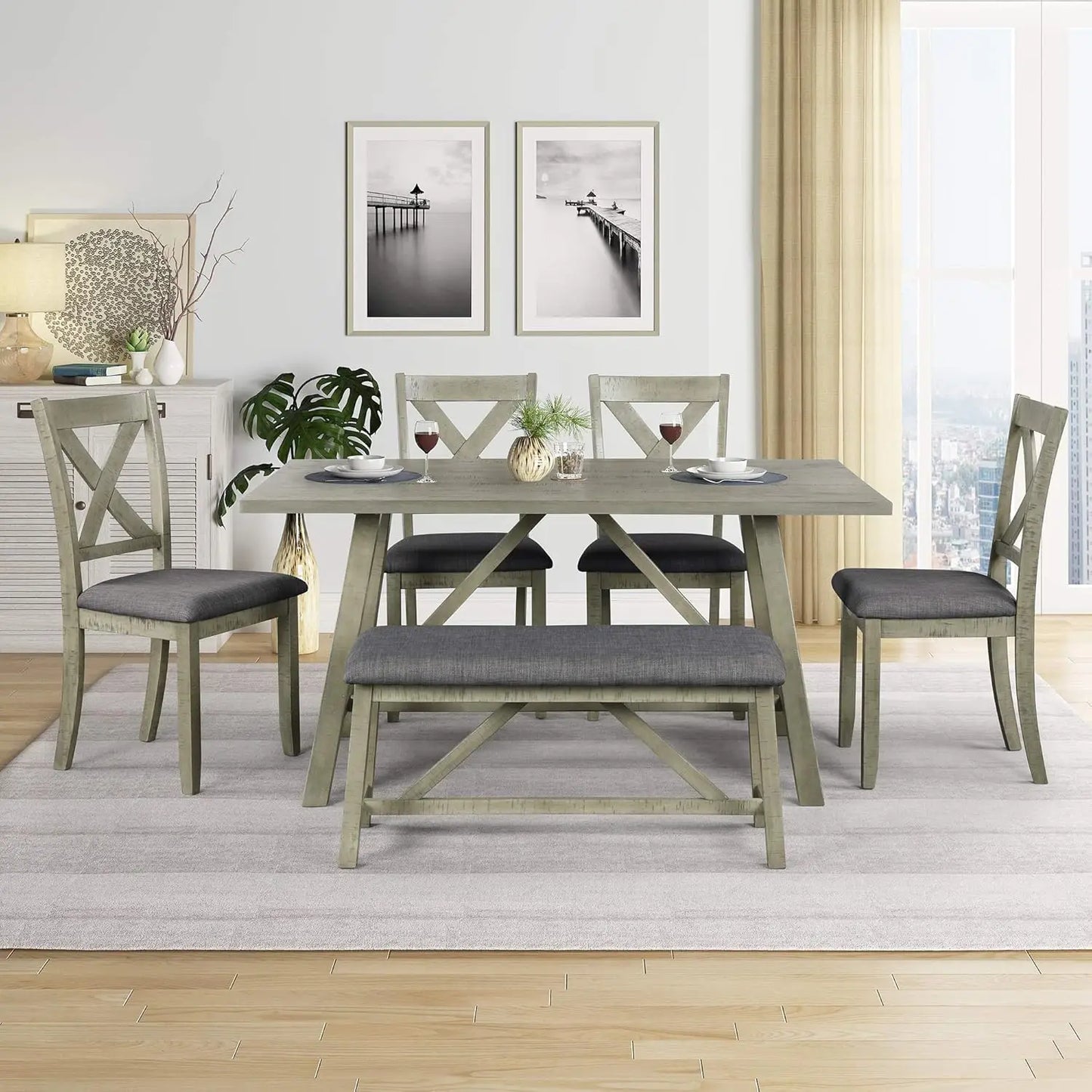 6 Pieces Dining Table Set with Bench, Rectangle Dining Table with 4 Upholstered Chairs & A Bench, Rubber Wood Dining Table Set
