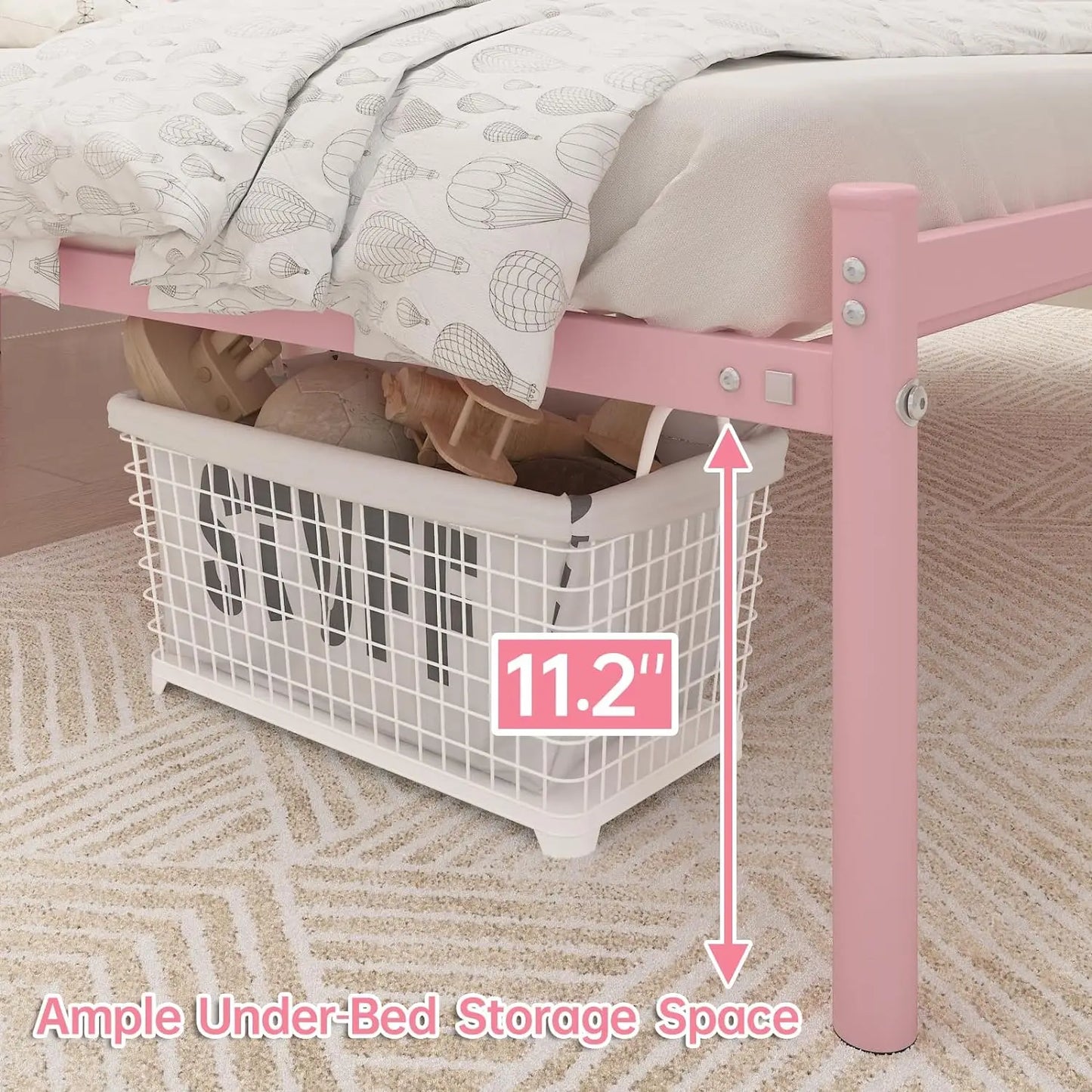 Full Size Bed Frame with Headboard, Heavy Duty Steel Slat Support Platform Under Bed Storage Space No Box Spring Needed, White