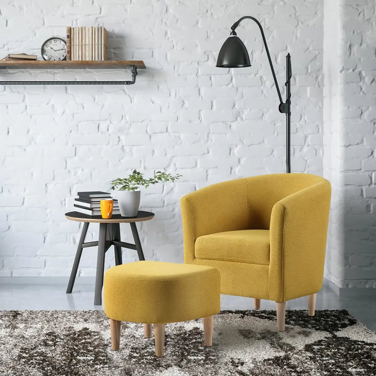 Accent Chair, Sherpa Chair White Fluffy Chair Teddy Barrel Chair with Ottoman Comfy ArmChair Footrest Set