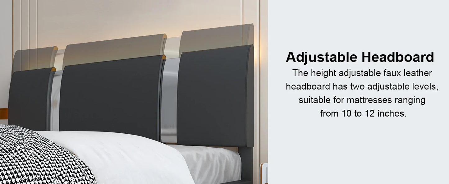 Queen Modern Faux Leather Upholstered Bed Frame with Adjustable Headboard, LED Lights,Low Profile Platform Bed with Iron Piece