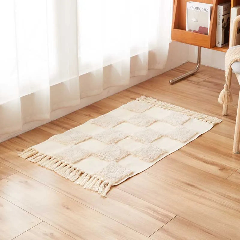 Vintage Nordic Style Cotton Linen Handmade Tassel Area Rug Checkerboard Tufted Floor Bedside Mat Living Room Bedroom Tapestry