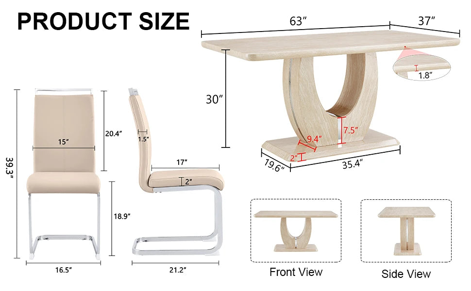 Modern wooden dining table set for 6 people with imitation marble top & 6 PU leather upholstered chairs,Wood grain beige