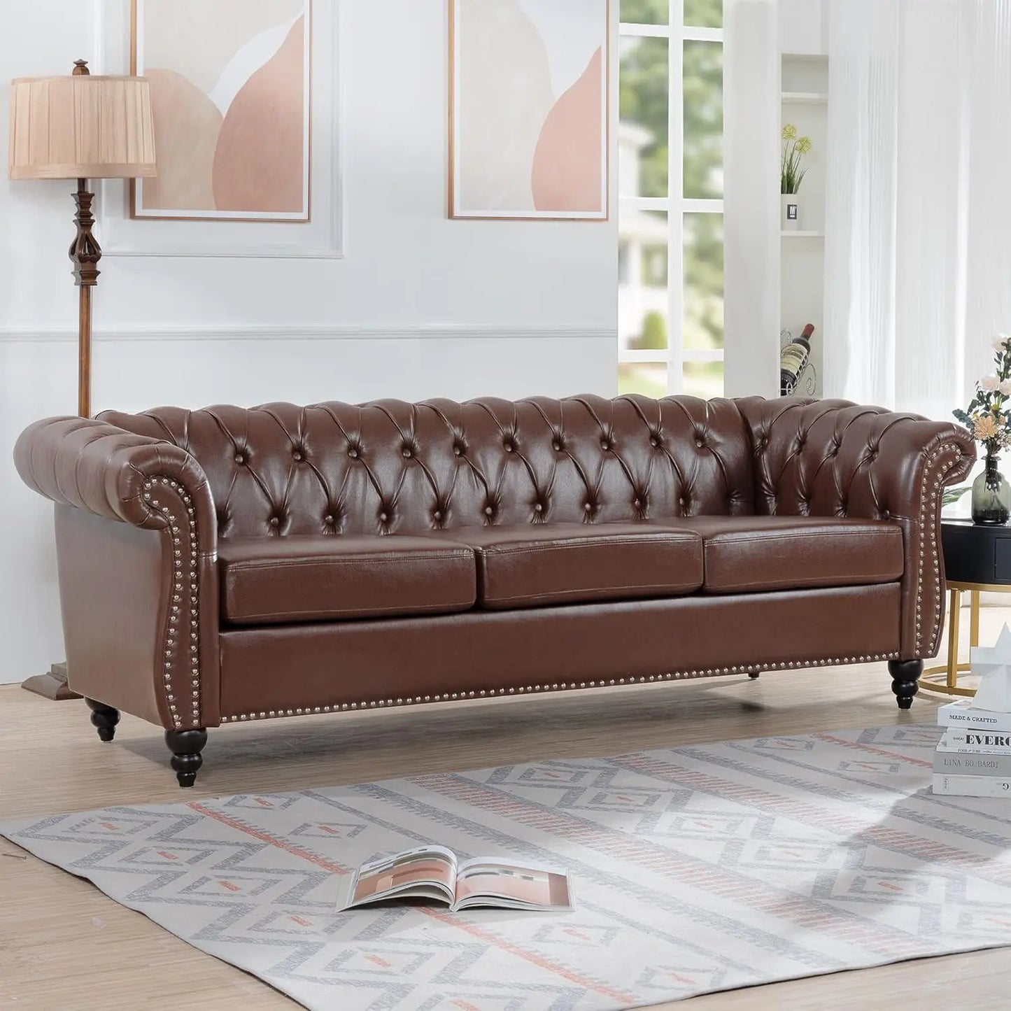 Chesterfield Sofa Classic Tufted Upholstered Leather Couch Modern 3 Seater Couch Furniture with Tufted Back for Living Room